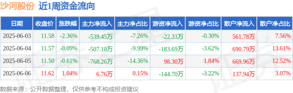 博大策略 本周盘点（6.3-6.6）：沙河股份周跌2.02%，主力资金合计净流出1808.06万元